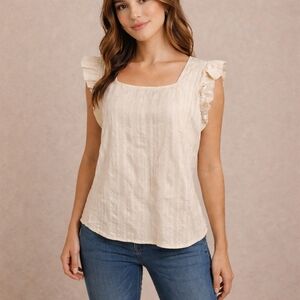 Soft Cream Bohemian Blouse Top Short Sleeve Cotton Soft & Summery SZ: XL